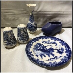 Salt & Pepper Shakers And Vase‎  ~England ~ Japan 3"plate, Blue Clog Shoe,